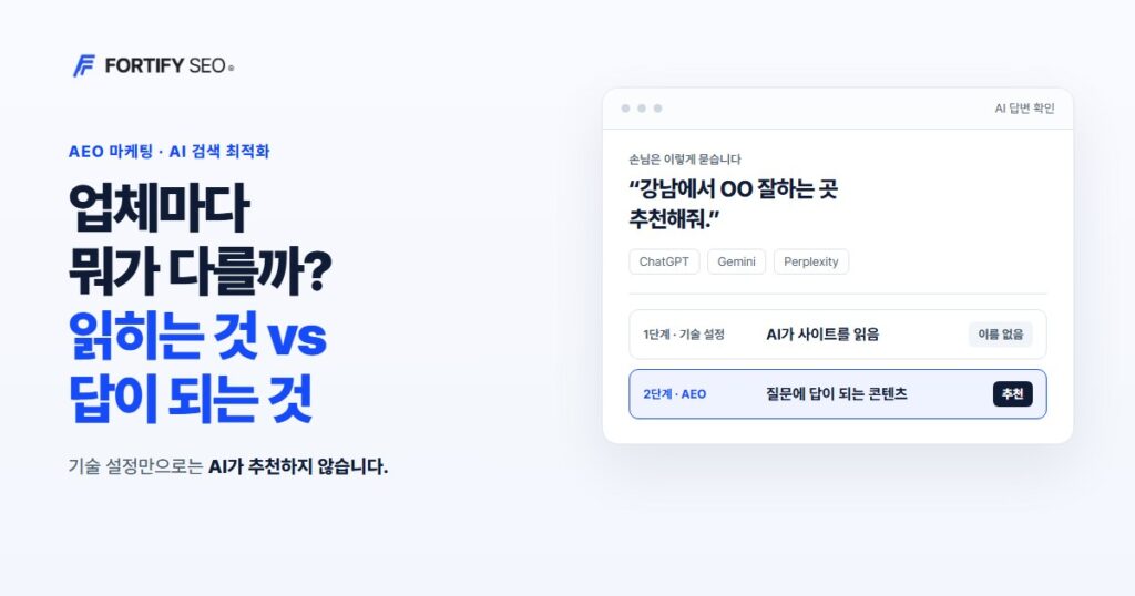 AEO 마케팅 업체 차이 — 읽히게 하는 기술 설정과 AI의 답이 되는 작업